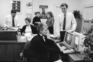 Pictured are Rosemary Montague, Peter Grundy, Jane Duncan, Margaret Montague, Bill Robertson and Kim Togneri. Rosemary is the mother of two long-standing colleagues who are still with Patons today.